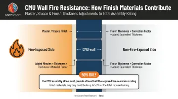 CMU wall finish material fire rating contribution diagram showing exposed and unexposed side rules