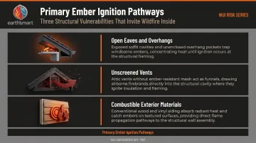 Three wildfire home vulnerability points embers eaves vents cladding diagram