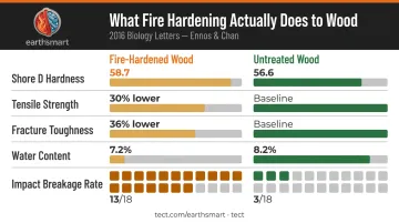 Fire-hardened versus untreated wood mechanical properties comparison data infographic