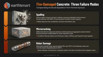 Three fire damage failure modes in concrete spalling microcracking rebar degradation
