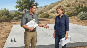 Homeowner and structural engineer reviewing foundation rebuild decision documents on construction site