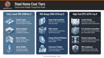 Three-tier steel home cost breakdown from basic to performance-optimized builds