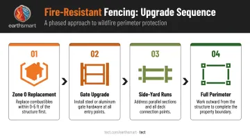 4-step phased fire-resistant fence upgrade sequence from Zone 0 to perimeter