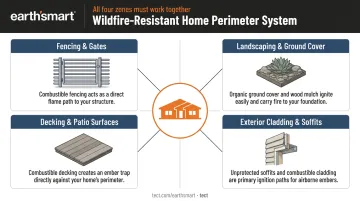 Wildfire home protection system four components fencing landscaping decking cladding