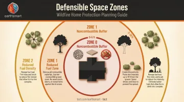CAL FIRE three defensible space zones around home Zone 0 Zone 1 Zone 2 distances