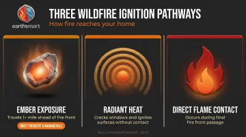 Three wildfire ignition pathways ember radiant heat and direct flame illustrated