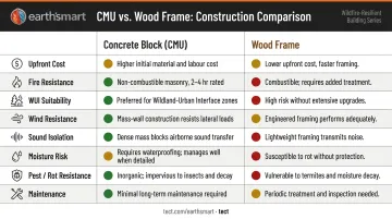 Concrete block CMU versus wood frame home side-by-side attribute comparison chart