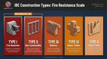 IBC five construction types combustibility scale from Type I to Type V