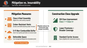 Wildfire mitigation measures versus ISO construction class reclassification comparison infographic