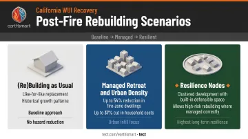 Three post-wildfire rebuilding scenarios comparison from standard rebuild to resilience nodes