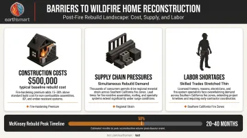 Wildfire home rebuild cost factors and construction timeline challenges breakdown infographic