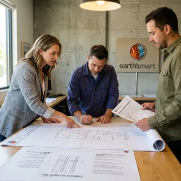 Architect reviewing fire-resilient home plans