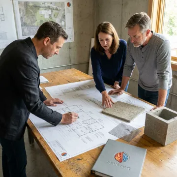 Architect reviewing fire rebuild plans with homeowners