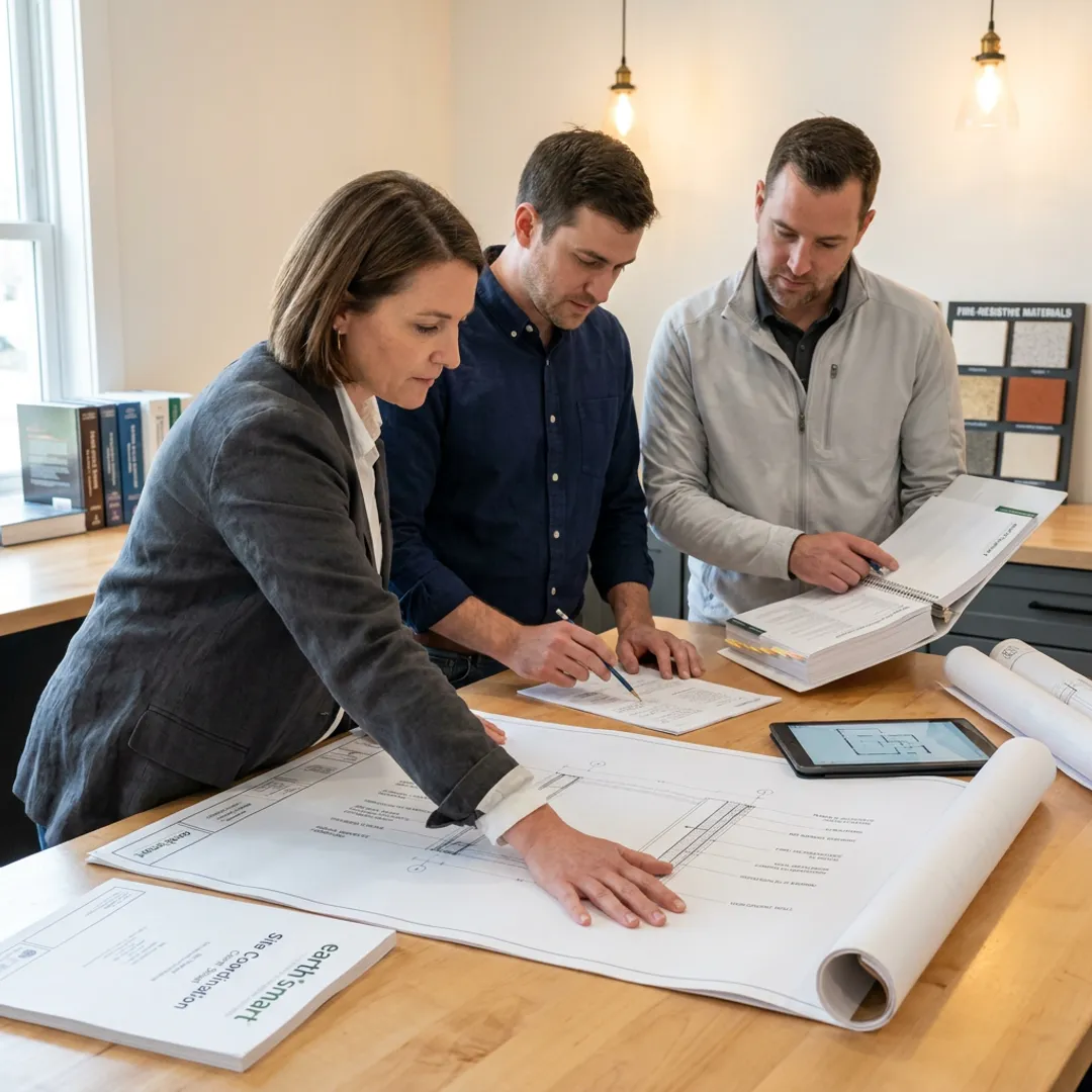 Architect reviewing modular home plans with construction team