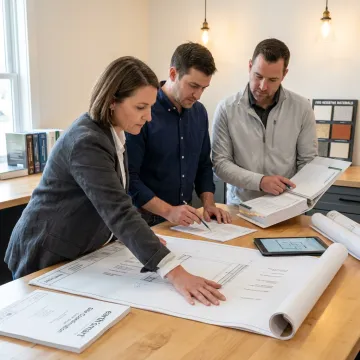 Architect reviewing modular home plans with construction team