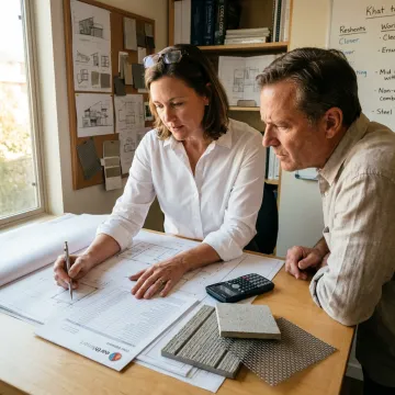 Architect and homeowner reviewing rebuild estimate