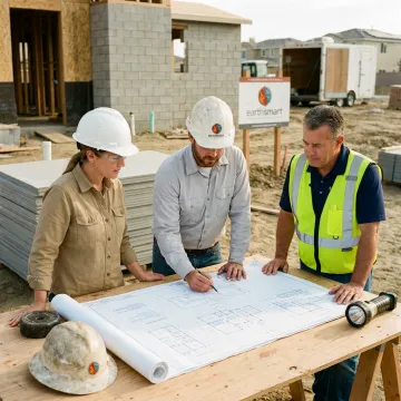 Design-build team reviewing plans at a residential construction site