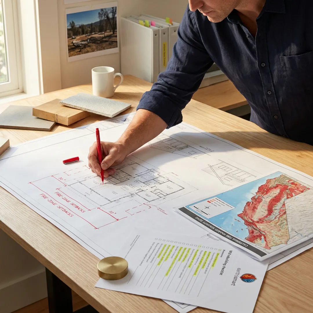 Architect reviewing fire-resilient home plans