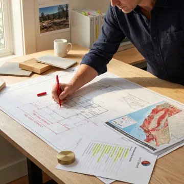Architect reviewing fire-resilient home plans