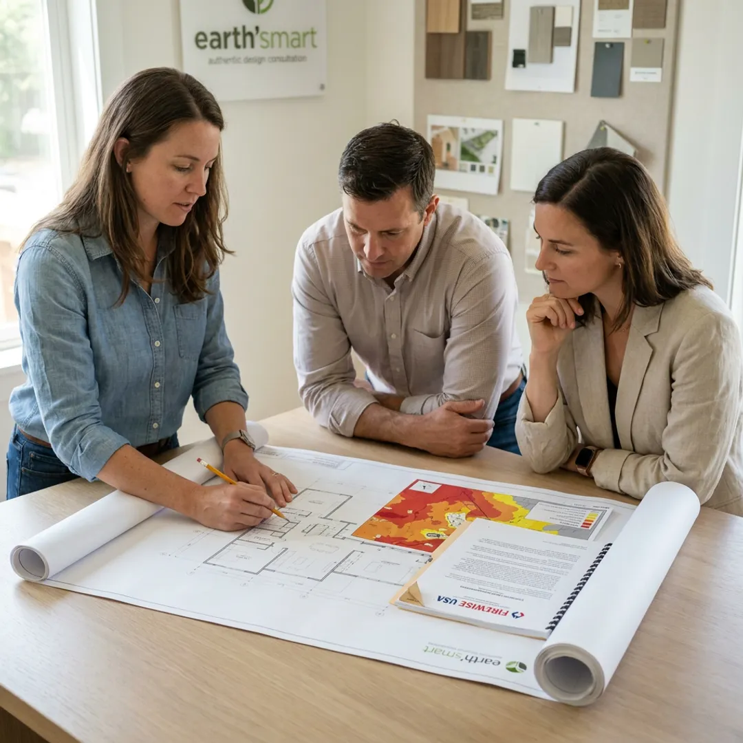 Wildfire risk planning meeting with maps and home plans