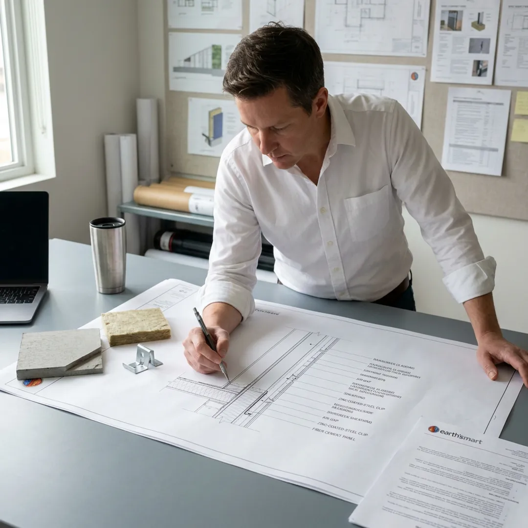 Architect reviewing non-combustible cladding assembly details