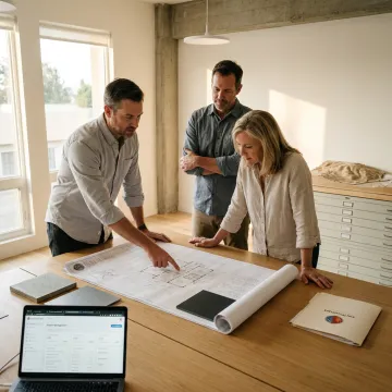 Architectural design team reviewing resilient home plans