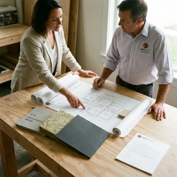 Architect reviewing fire rebuild plans with homeowner