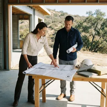 Architects reviewing plans for a fire-resilient custom home