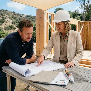 Architect reviewing fire rebuild plans with homeowner
