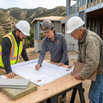 Design-build team reviewing home plans onsite