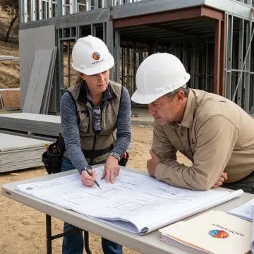 Architect reviewing fire rebuild plans on site