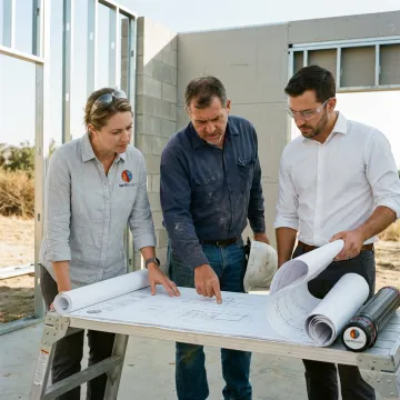 Integrated design-build team reviewing resilient home plans