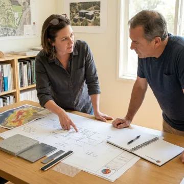 Architect reviewing wildfire-resilient home plans with a homeowner