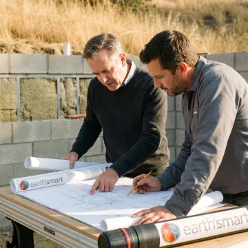 Architect reviewing custom home plans on site