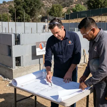 Builder reviewing ICF construction plans on site