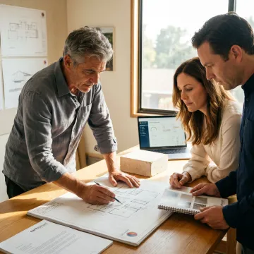 Architect reviewing custom home plans with homeowners