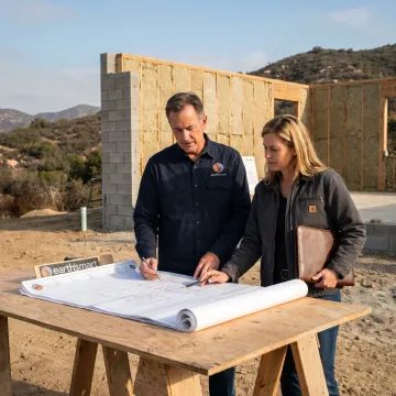 Design-build team reviewing custom home plans