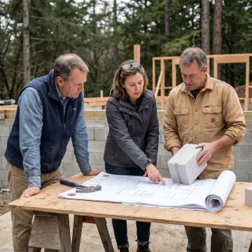 Design-build team reviewing plans for a resilient home