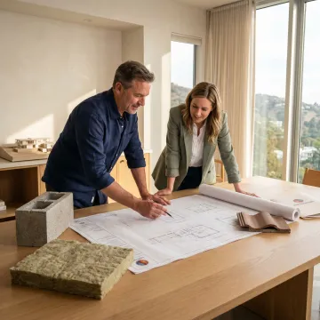 Architects and builders reviewing steel frame custom home plans