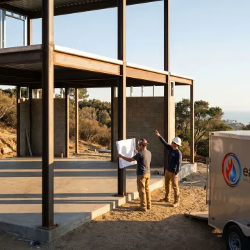 Custom steel frame home construction in a wildfire-prone hillside area