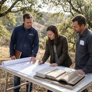 Design-build team reviewing custom home plans