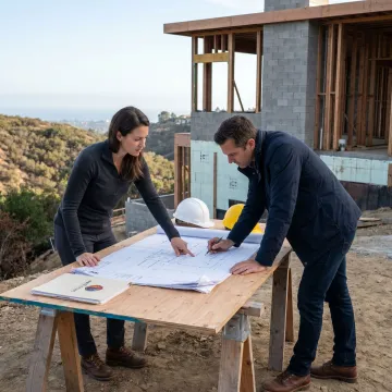 Luxury custom home construction with architects reviewing plans