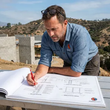 Building envelope consultant reviewing high-performance home plans