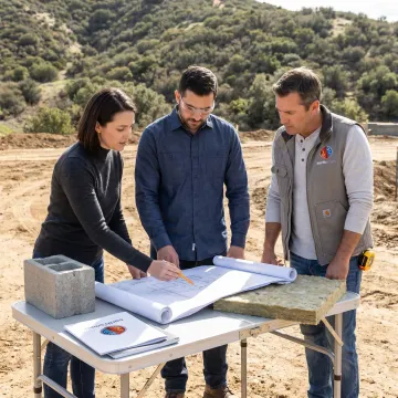 Design-build team reviewing custom home plans