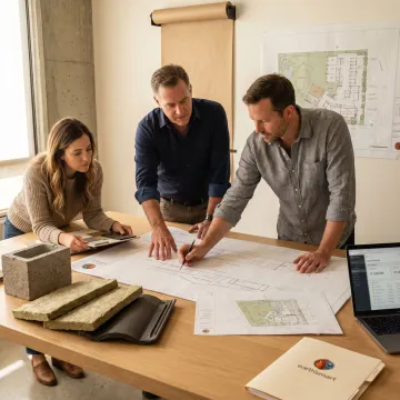 Design build team reviewing custom home plans