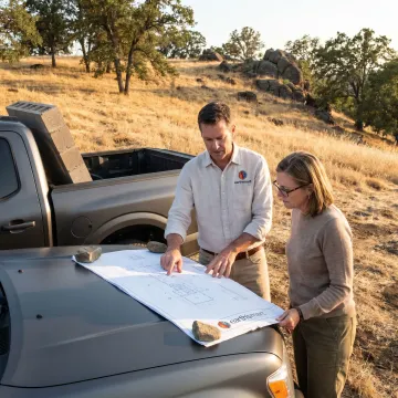 Architect reviewing custom home plans on site