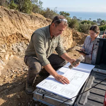 Geotechnical engineer reviewing soil conditions at a residential site