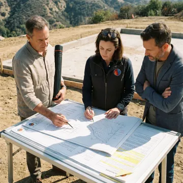 Residential project team reviewing site and foundation plans