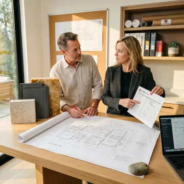 Design-build team coordinating custom home plans