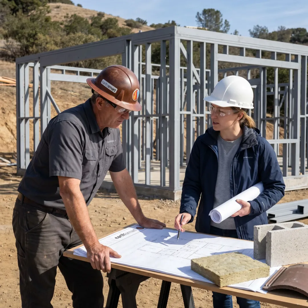 Team reviewing steel frame home plans